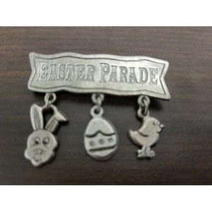 Vintage Easter Parade Bunny Brooch Pin Dangle Charms Rabbit Chick Egg Pewter